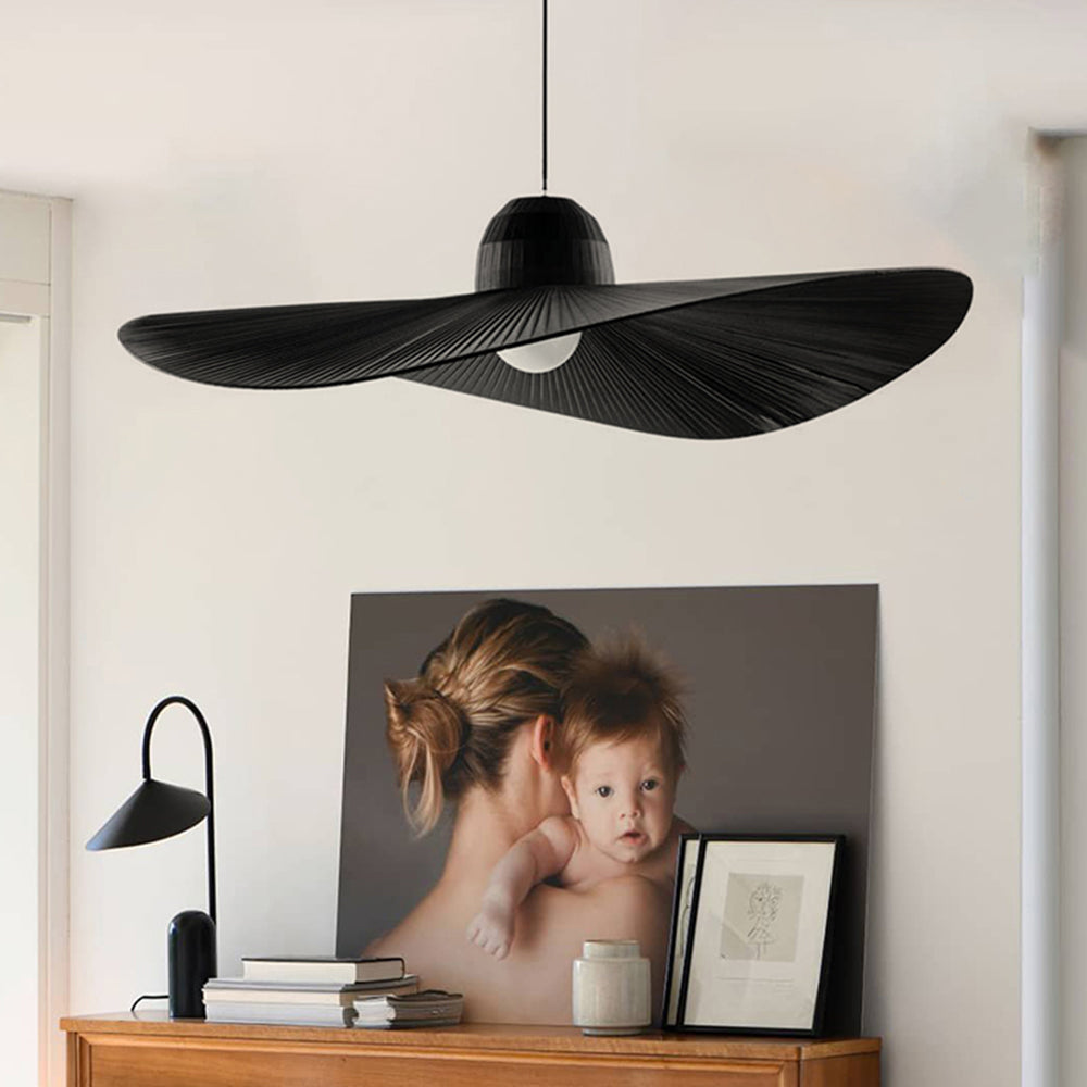 Ritta Modern Woven Wide-Brimmed Hat Shape Metal/Fabric Pendant Light, Black/White