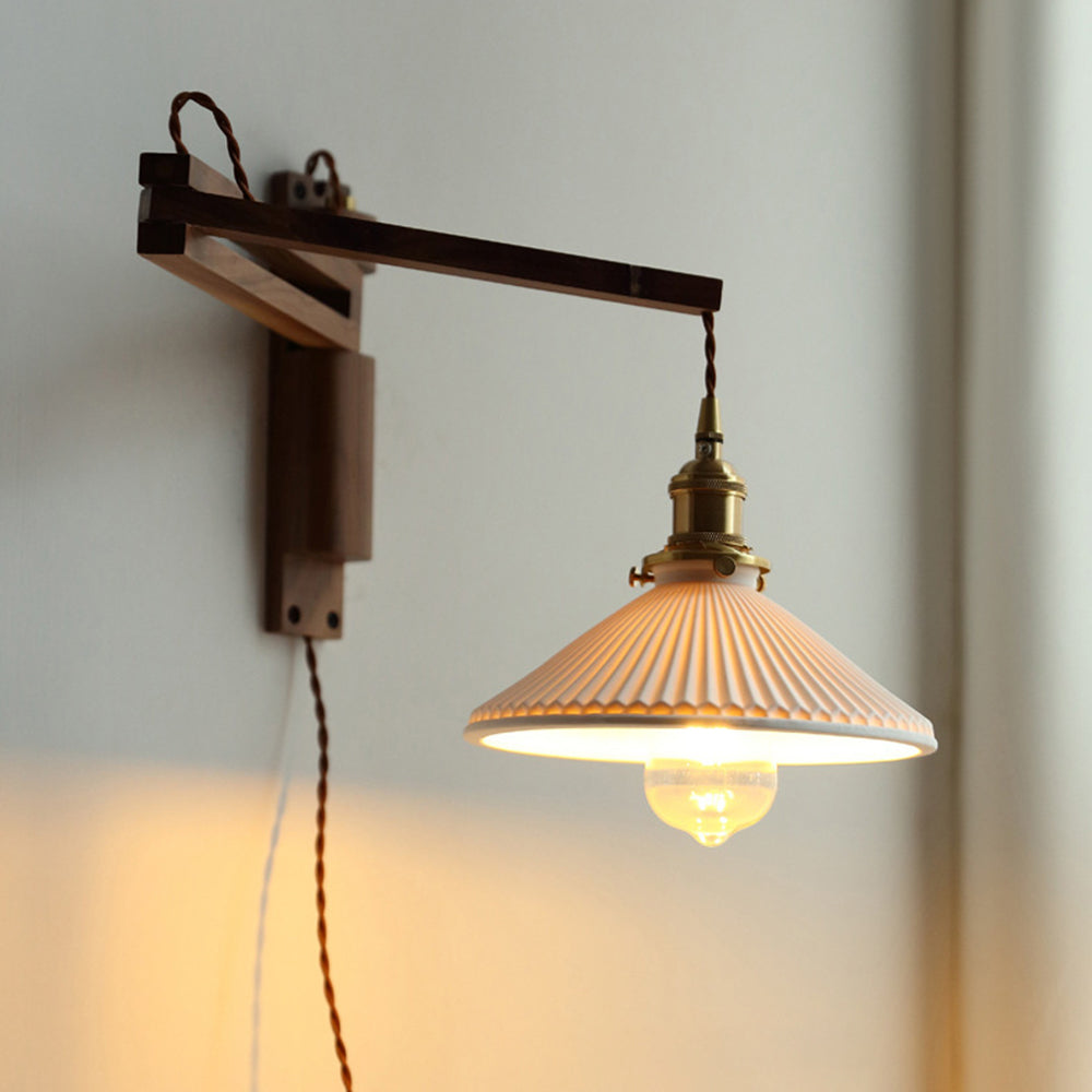 Muto Vintage Dome Ceramic/Wood Wall Lamp, Walnut/Wood/Clear