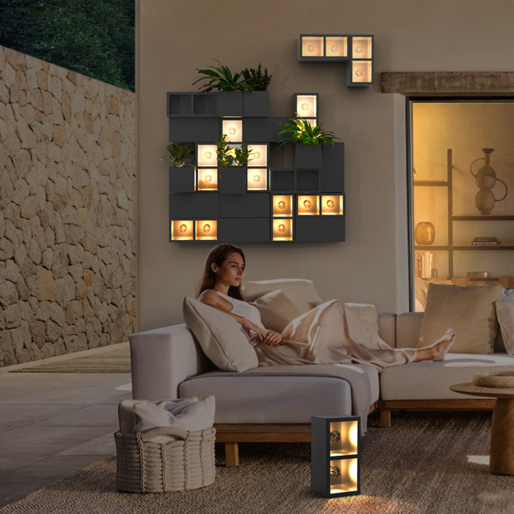 Ray Modern Cube Square Metal/Glass Outdoor Wall Lamp, Black