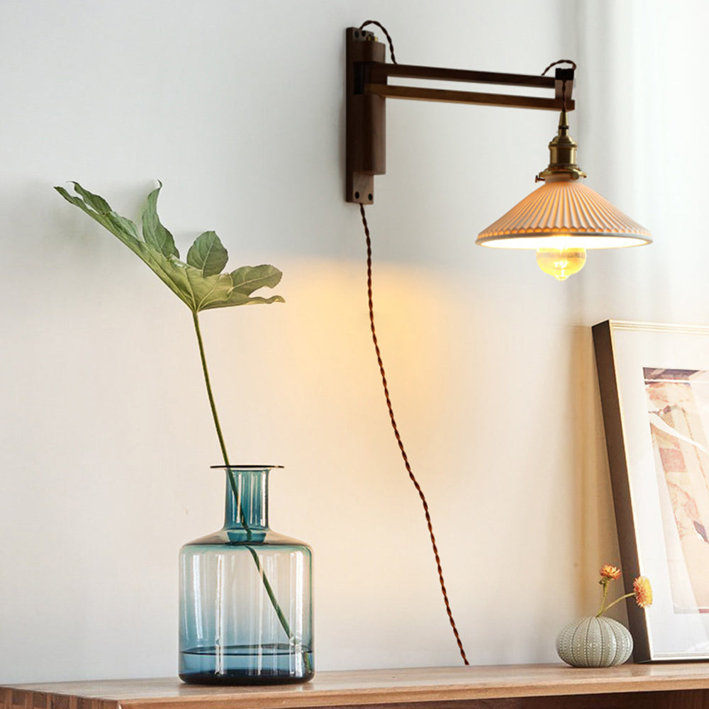 Muto Vintage Dome Ceramic/Wood Wall Lamp, Walnut/Wood/Clear