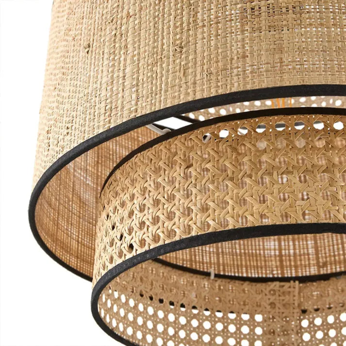 Ritta Wabi Sabi Tri-Layer Cylindrical Rattan/Metal Pendant Light, Wooden