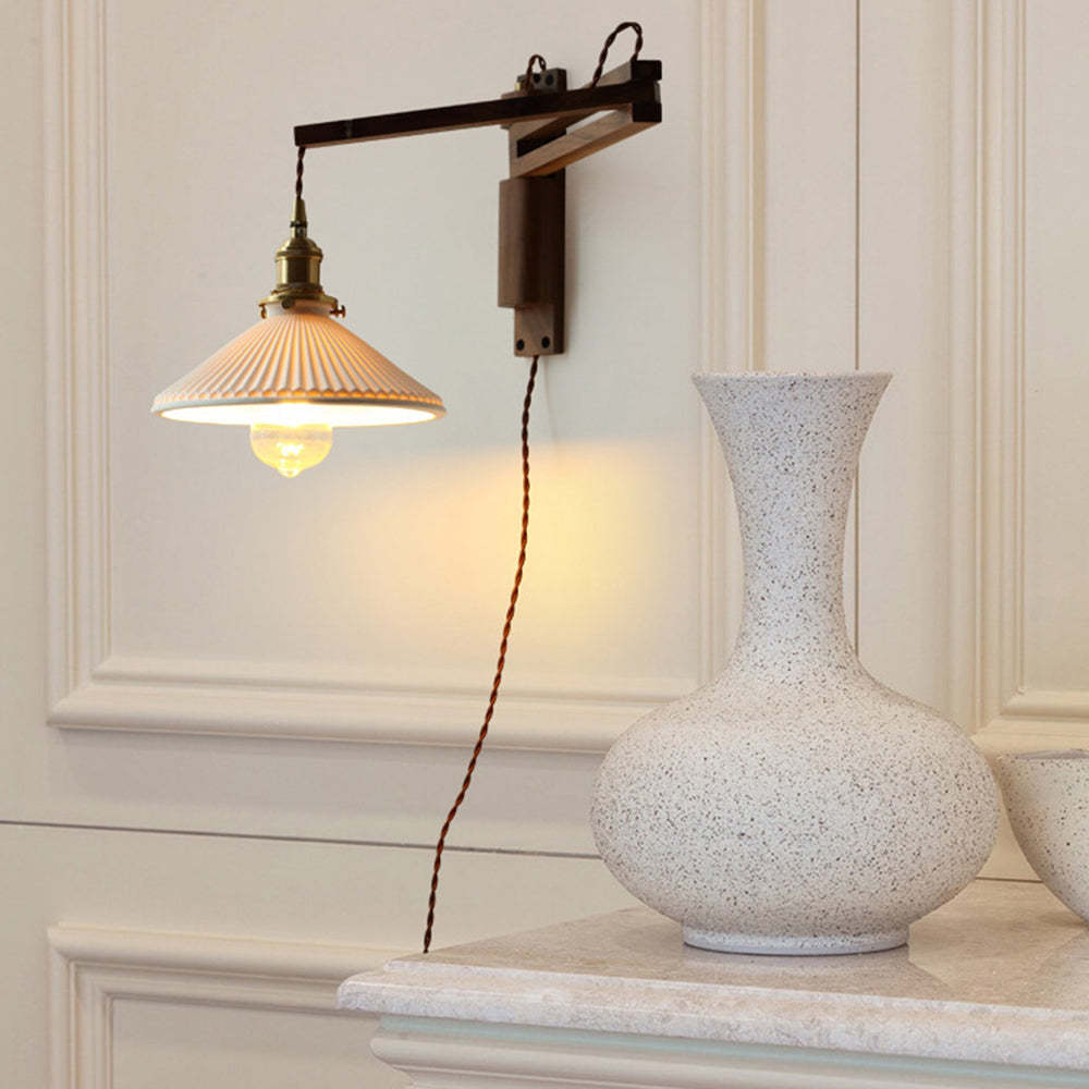 Muto Vintage Dome Ceramic/Wood Wall Lamp, Walnut/Wood/Clear
