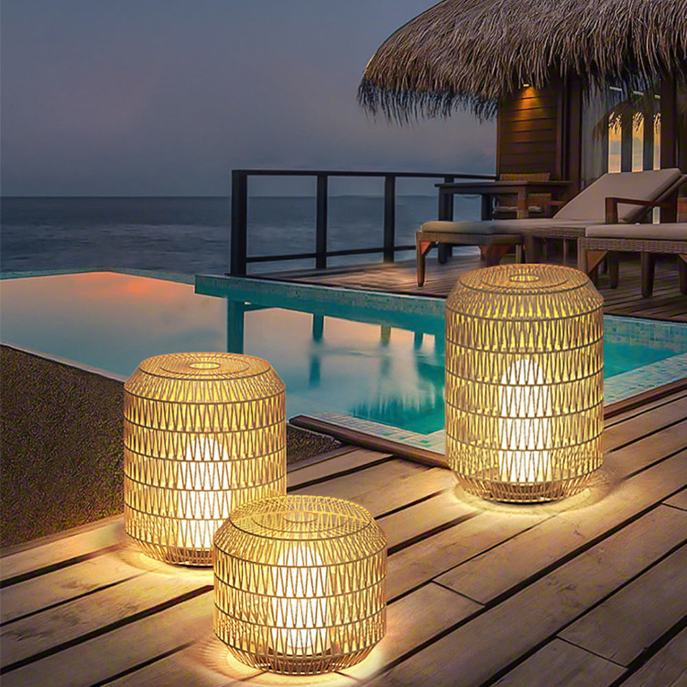 Ray Vintage Lantern Rattan Floor Lamp, Hardwired/Solar, Beige