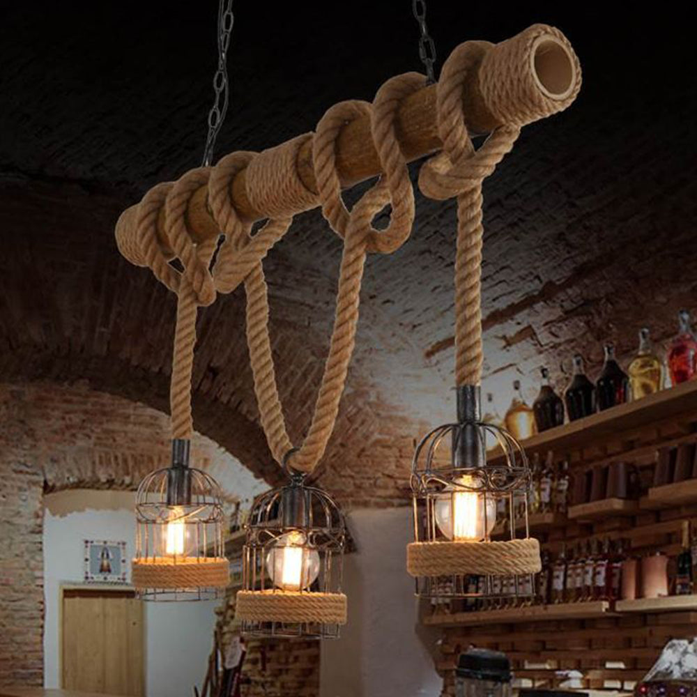 Silva Vintage 3 Heads Wood Rope Pendant Light
