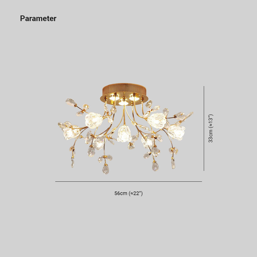Arisha Art Deco Elegant Golden Crystal Flower Flush Mount Ceiling Light