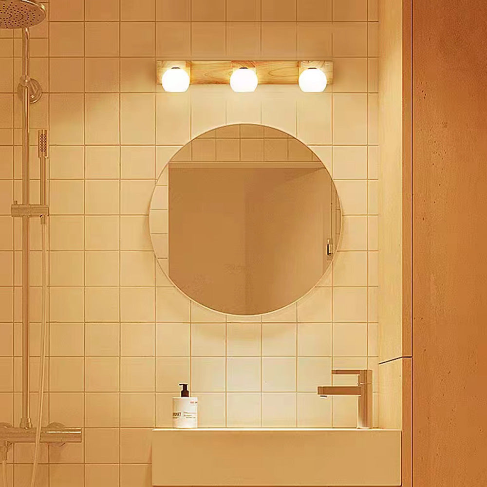 Muto Wooden Ball Mirror Front Vanity Wall Lamp, Log Color