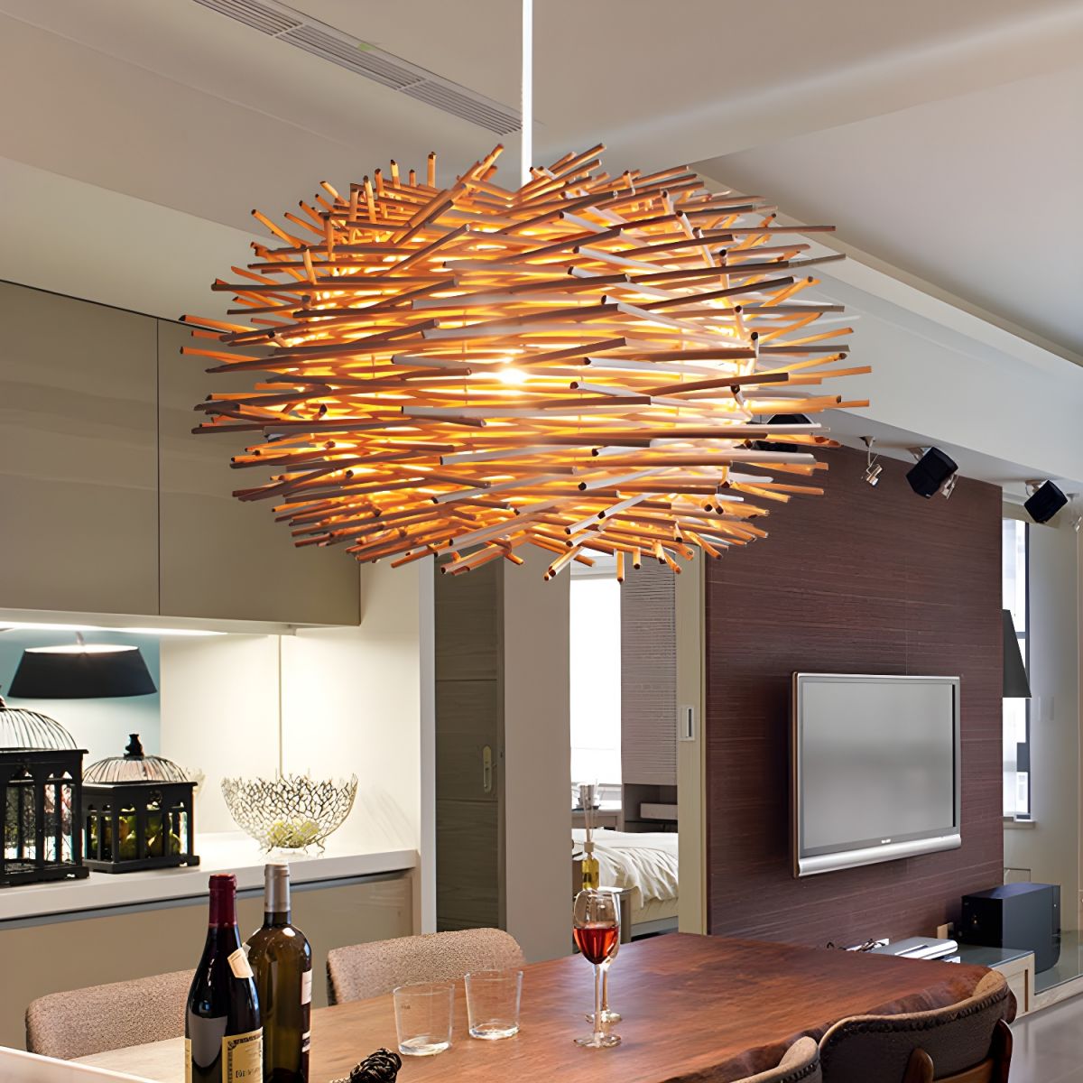 Muto Wooden Bird Nest Rattan Pendant Light, Brown/Wood