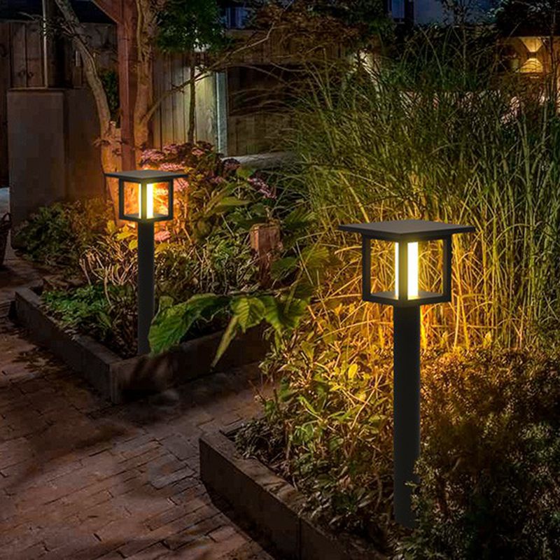 Ray Modern Metal Lantern Shaped Solar Outdoor Bollard Light, Black