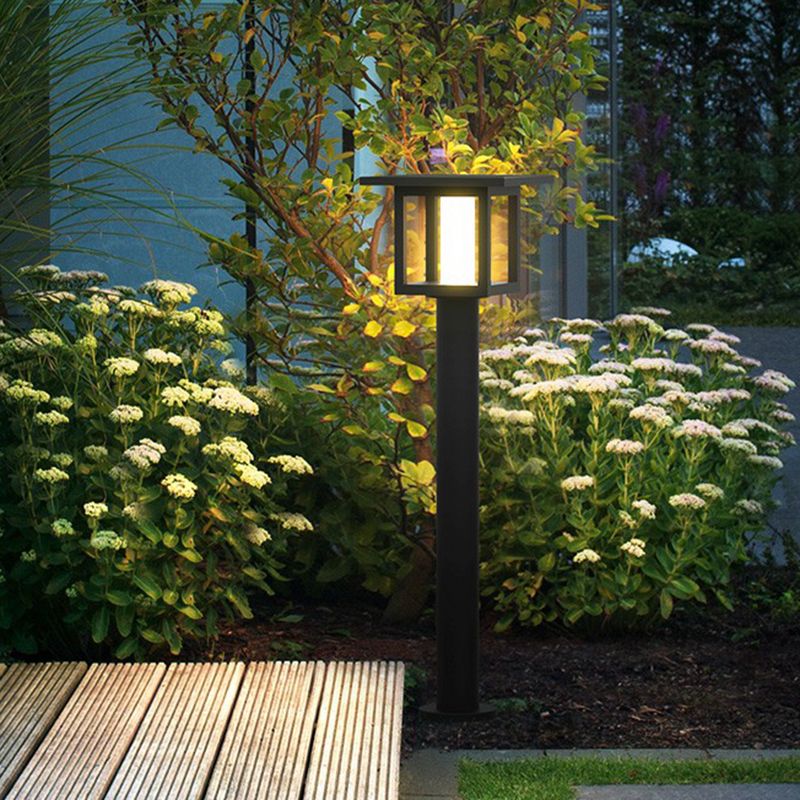 Ray Modern Metal Lantern Shaped Solar Outdoor Bollard Light, Black