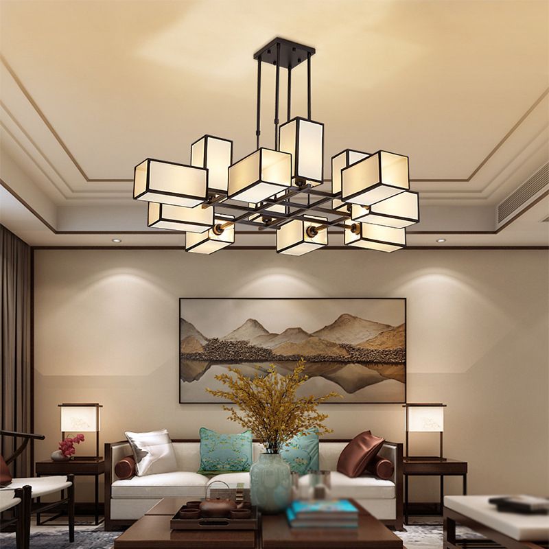 Arisha Pendant Light Square Retro, Metal/Fabric, Black/Gold, Living Room