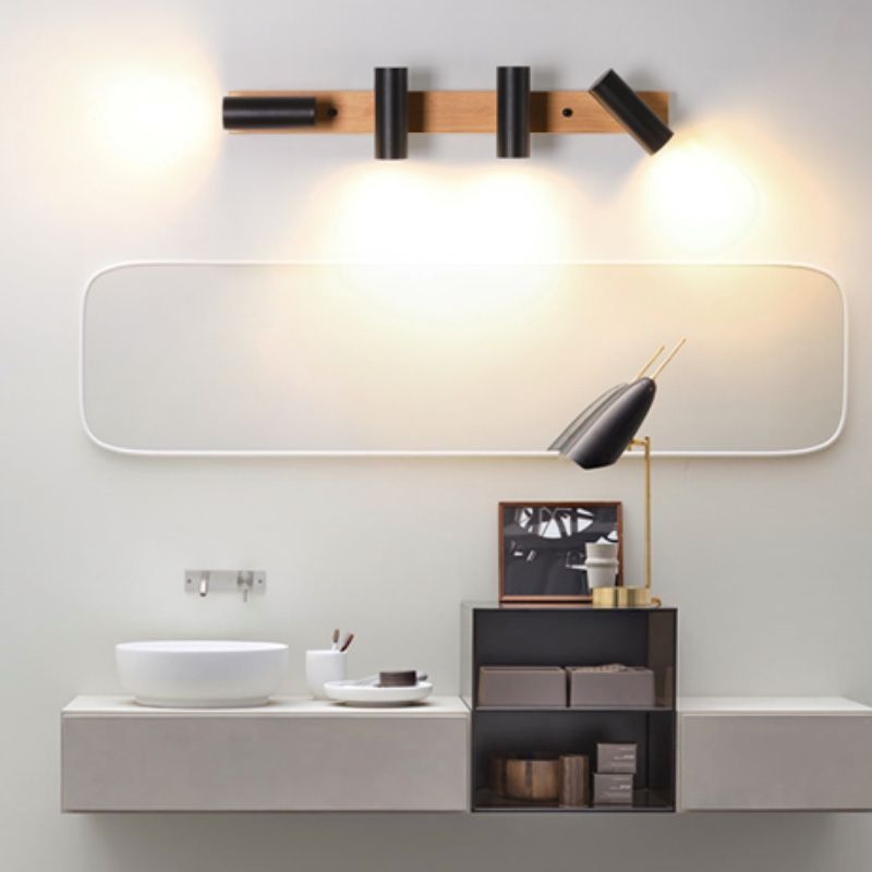 Muto Rotatable Spotlight Mirror Front Vanity Wall Lamp, Wood/Metal