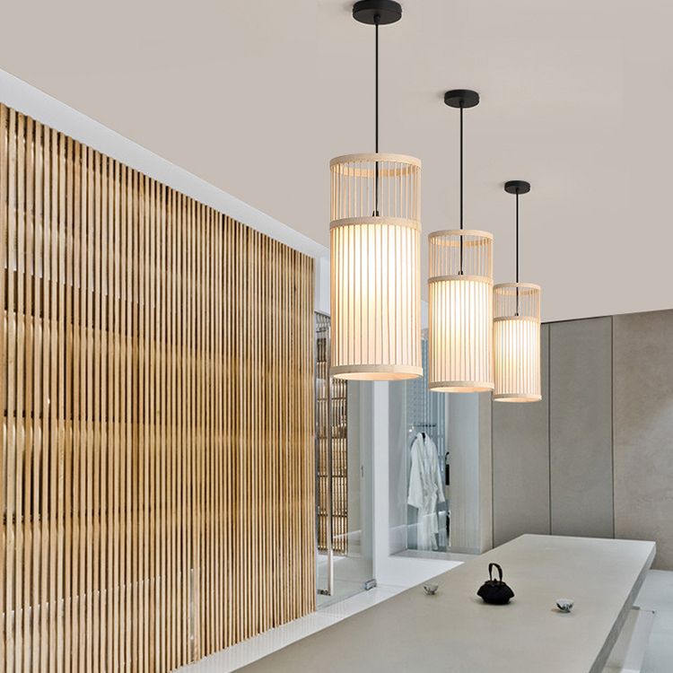 Ritta Weave Cylinder Pendant Light, Coffee/Wood, Metal/Bamboo