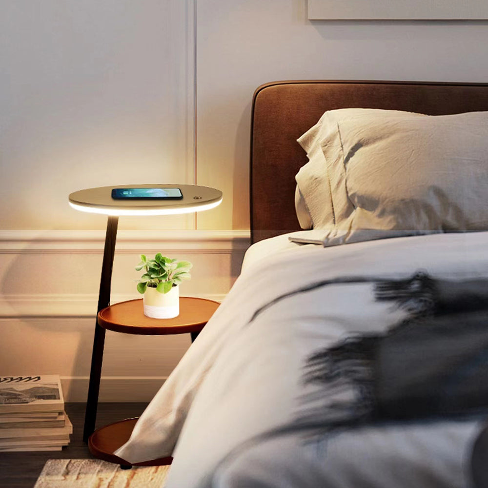 Muto Natural Round Wood Floor Lamp With Table Bedroom
