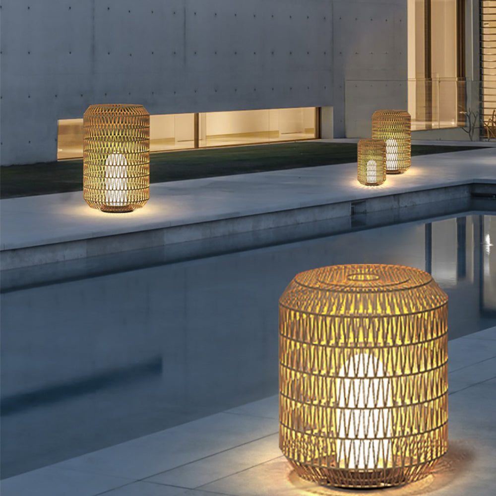 Ray Vintage Lantern Rattan Floor Lamp, Hardwired/Solar, Beige
