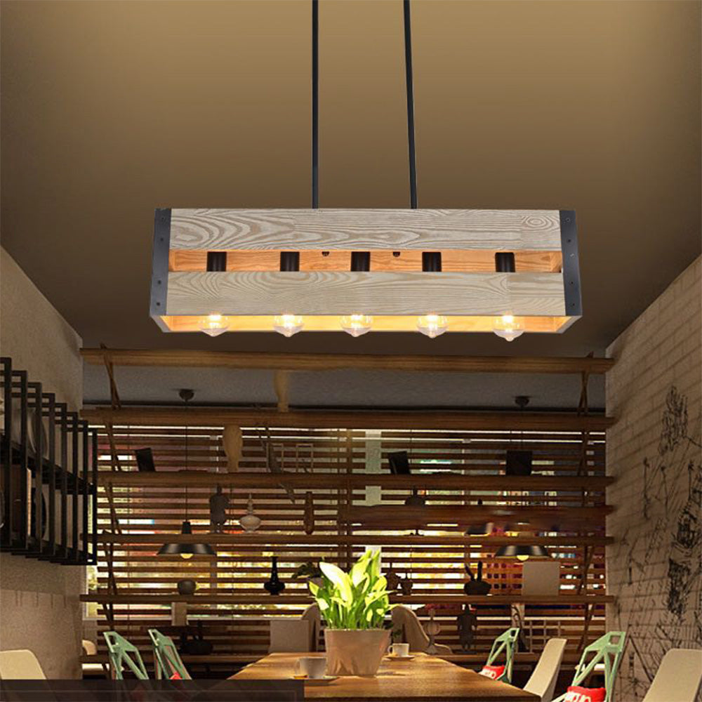 Silva Retro Rectangular Metal & Wood Pendant Light, 5 Heads, 2 Style