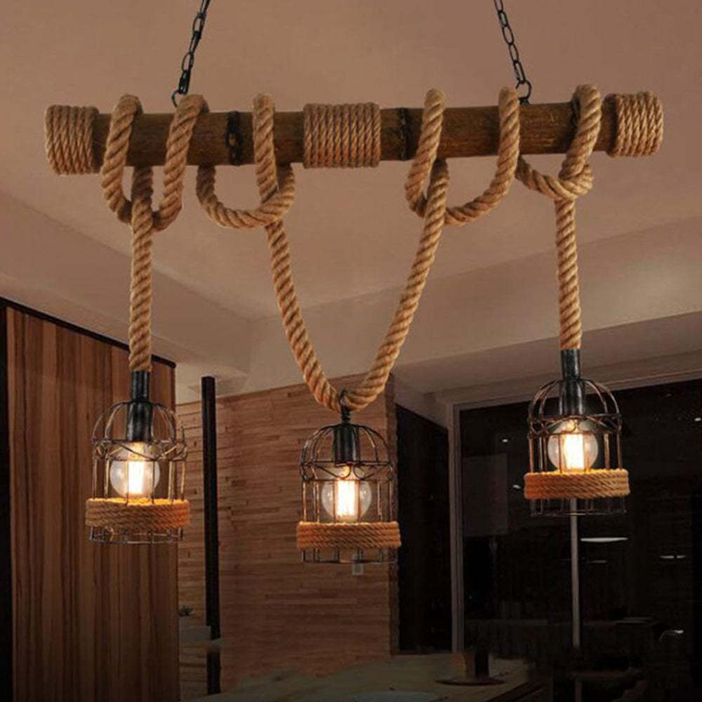 Silva Vintage 3 Heads Wood Rope Pendant Light