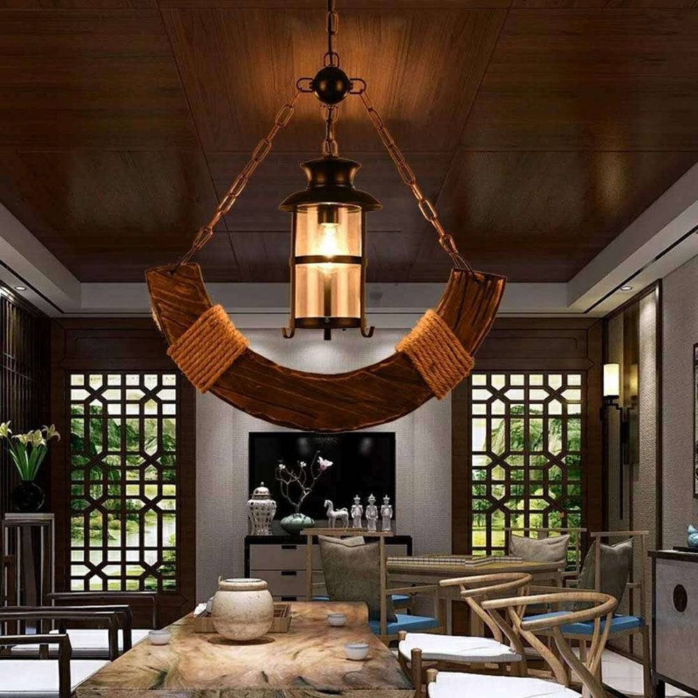 Epoch Retro Rustic Arc Metal/Wood Lantern Glass Pendant Light