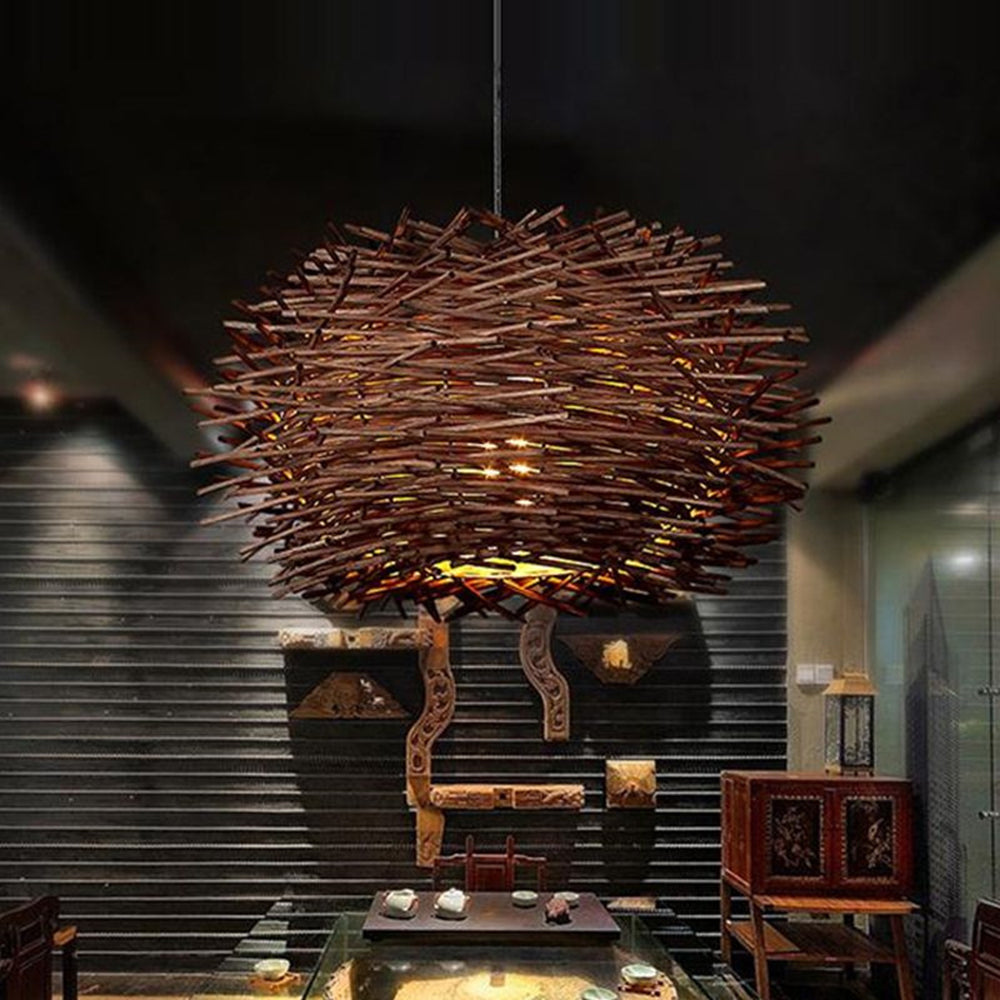 Muto Wooden Bird Nest Rattan Pendant Light, Brown/Wood
