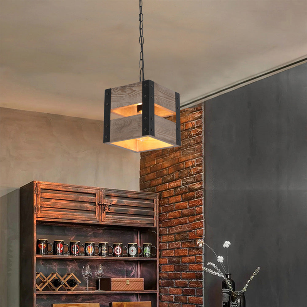 Silva Retro Square Metal & Wood Pendant Light, 4 Heads, 2 Style