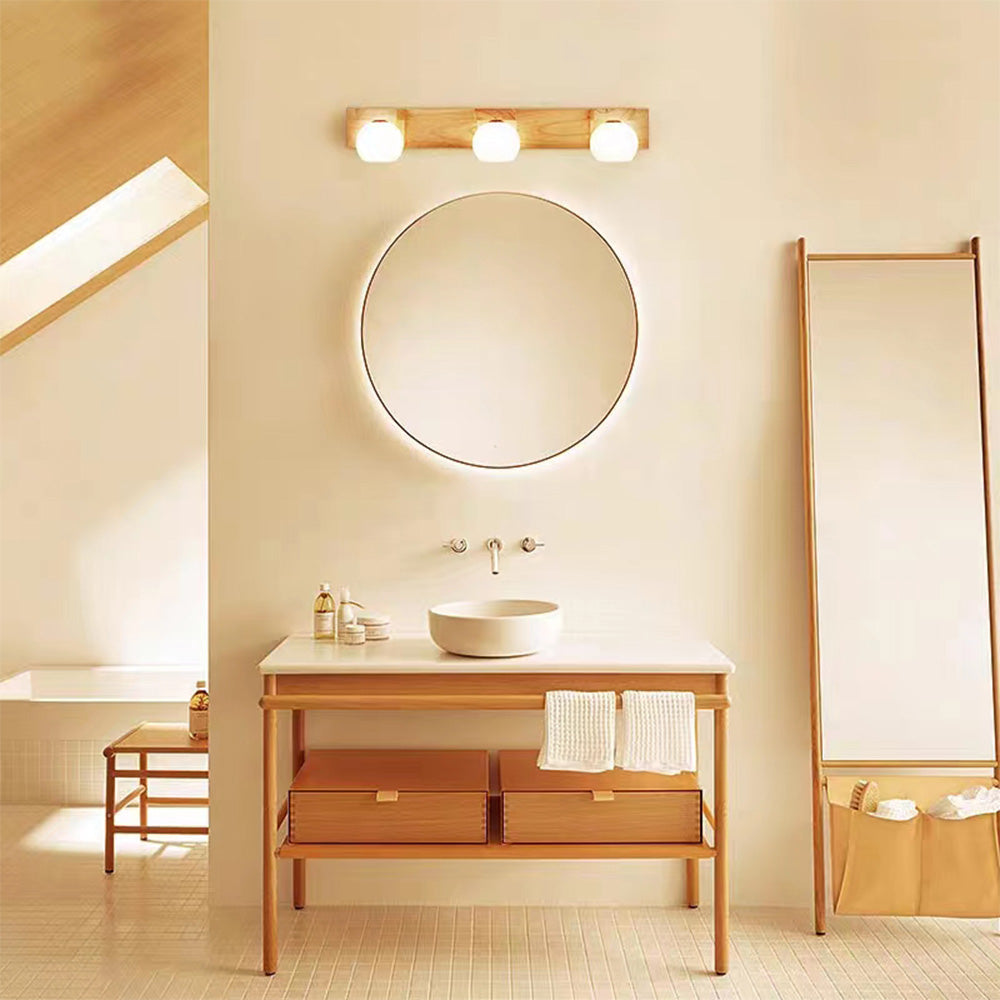 Muto Wooden Ball Mirror Front Vanity Wall Lamp, Log Color