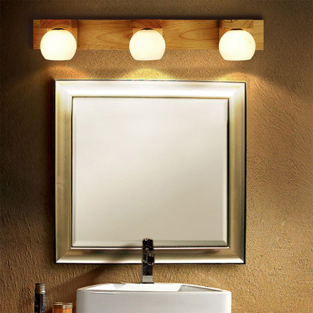 Muto Wooden Ball Mirror Front Vanity Wall Lamp, Log Color