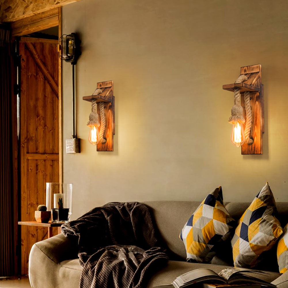 Epoch Vintage Rectangular LED Wall Light, Wood/Hemp Rope, Dining Room