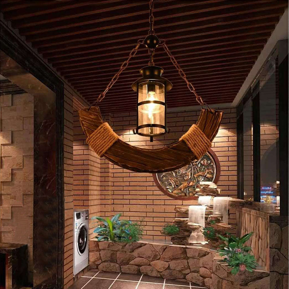 Epoch Retro Rustic Arc Metal/Wood Lantern Glass Pendant Light