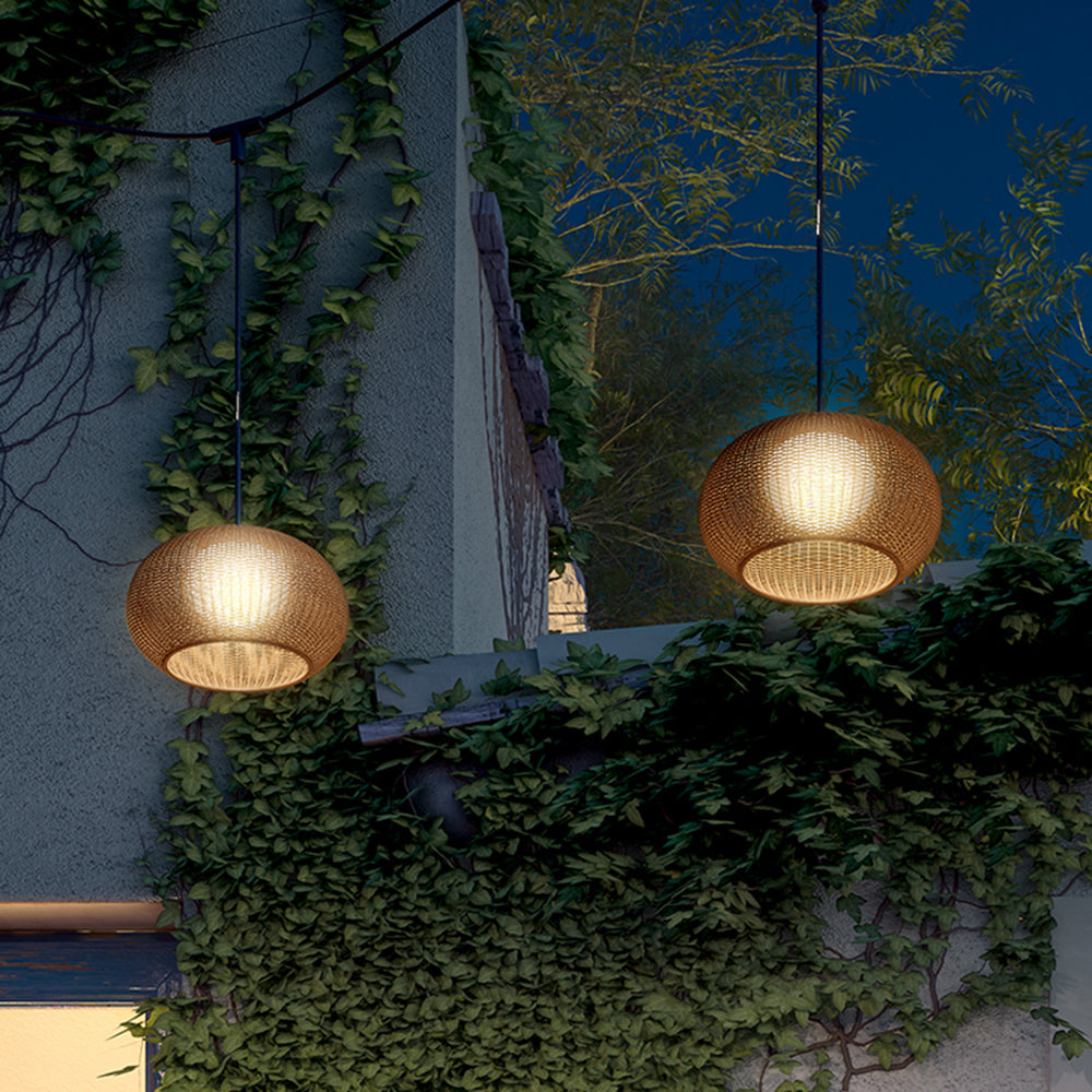 Ray Retro Lantern Gold Pendant Light, Bamboo/Acrylic