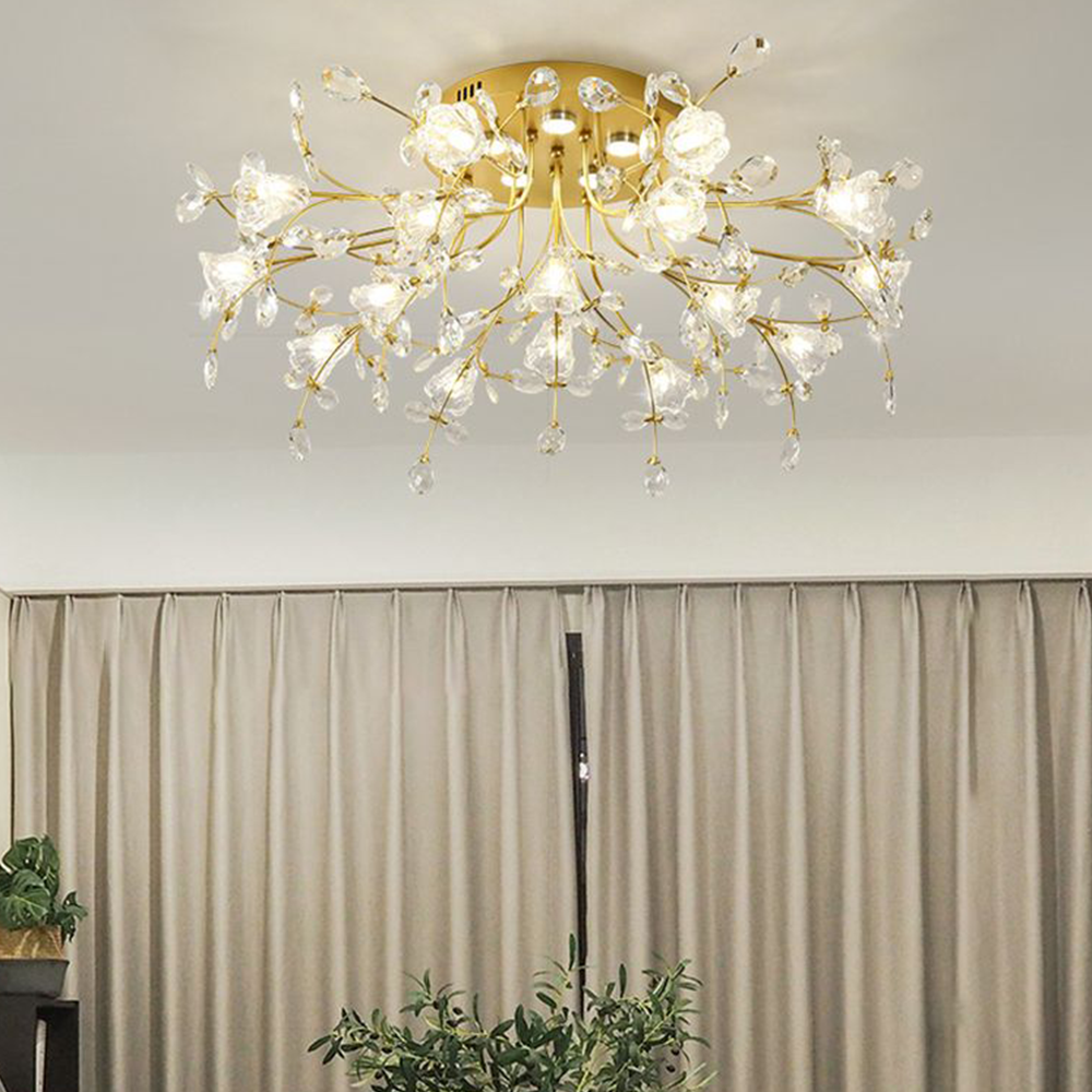 Arisha Art Deco Elegant Golden Crystal Flower Flush Mount Ceiling Light