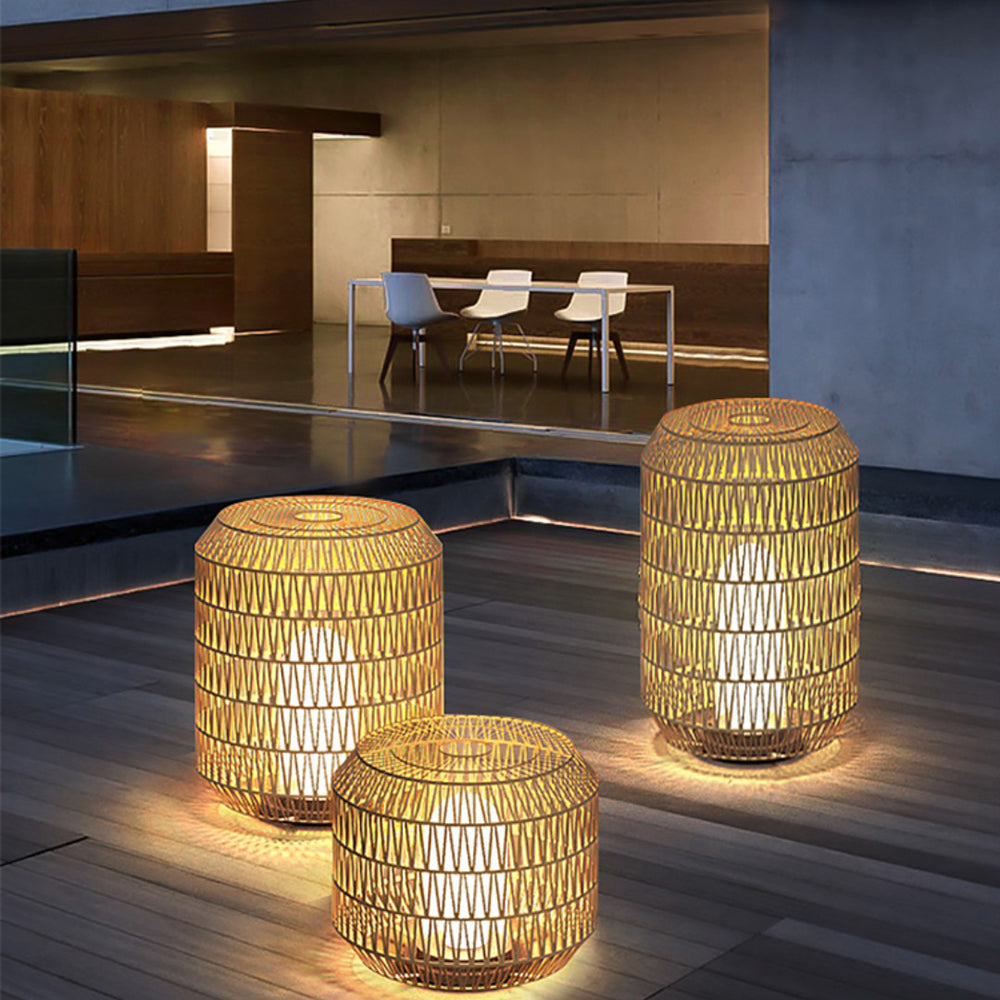 Ray Vintage Lantern Rattan Floor Lamp, Hardwired/Solar, Beige