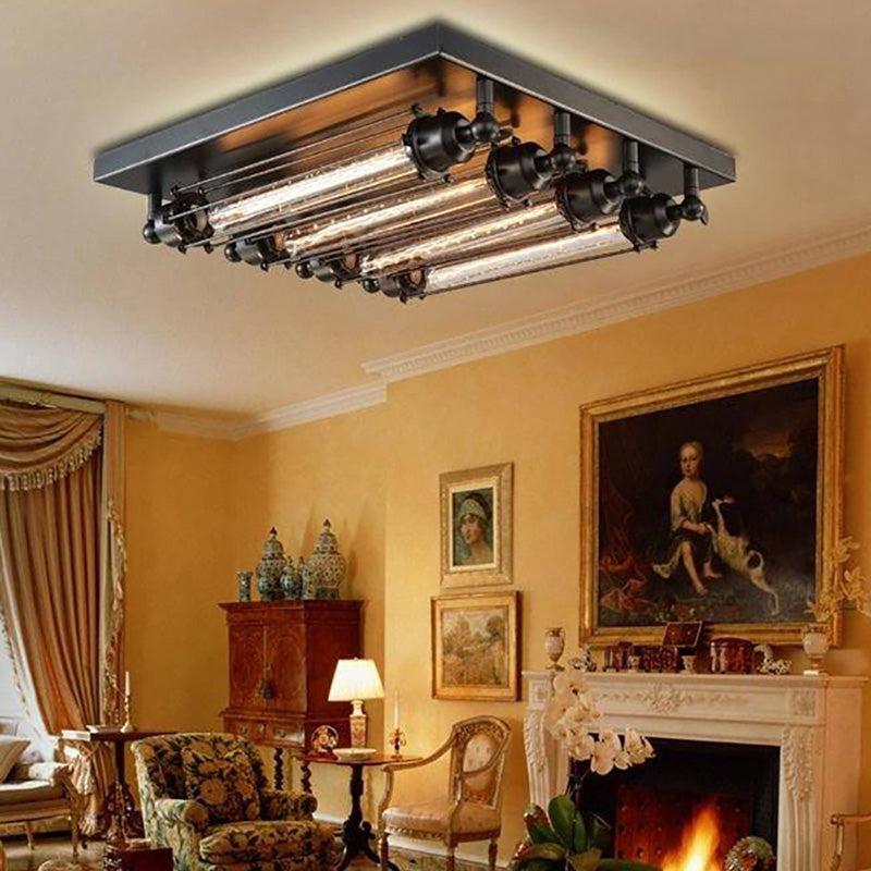 Austin Vintage Tubed Metal Flush Mount Ceiling Light, Black, Living Room