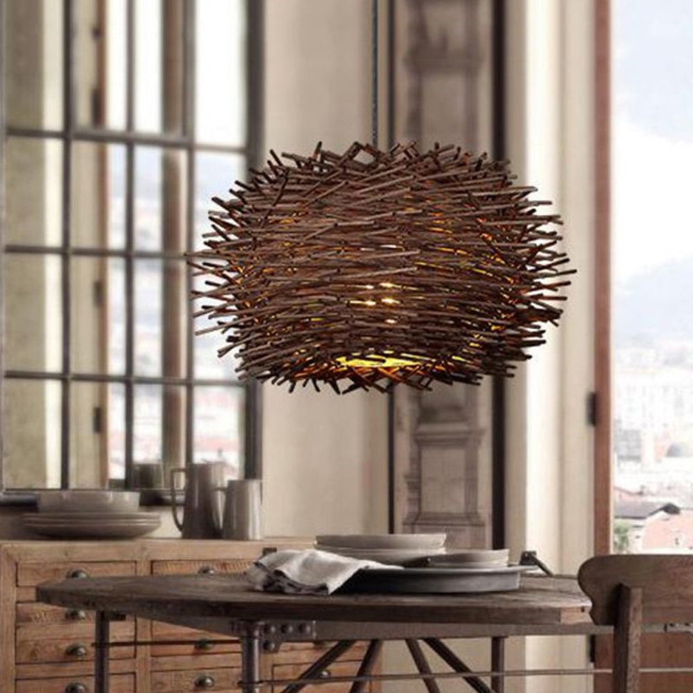 Muto Wooden Bird Nest Rattan Pendant Light, Brown/Wood
