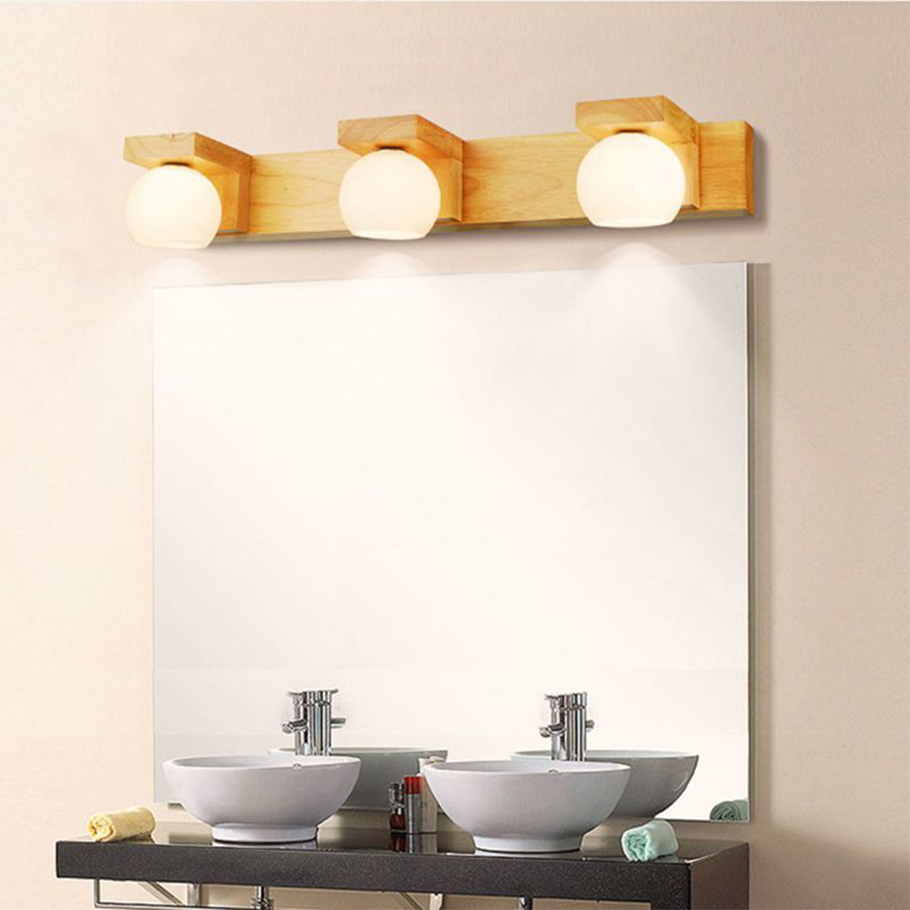 Muto Wooden Ball Mirror Front Vanity Wall Lamp, Log Color