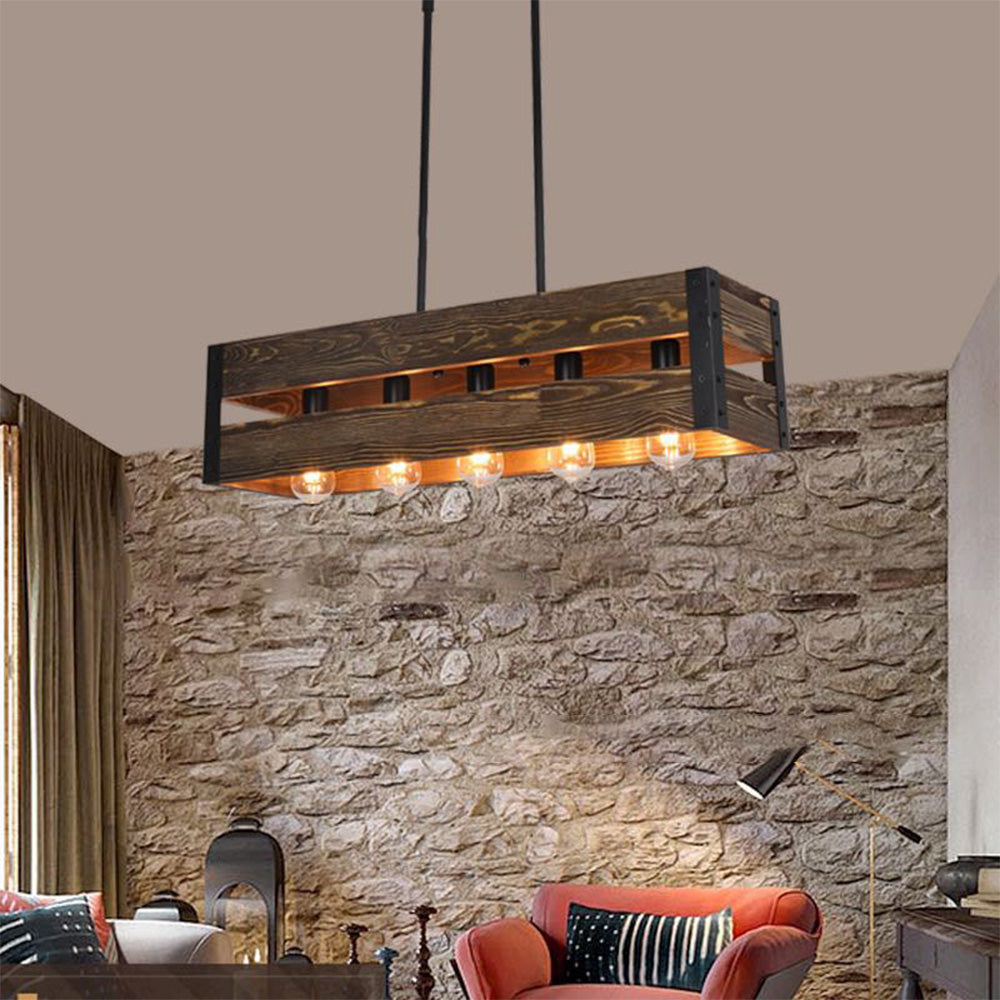 Silva Retro Rectangular Metal & Wood Pendant Light, 5 Heads, 2 Style