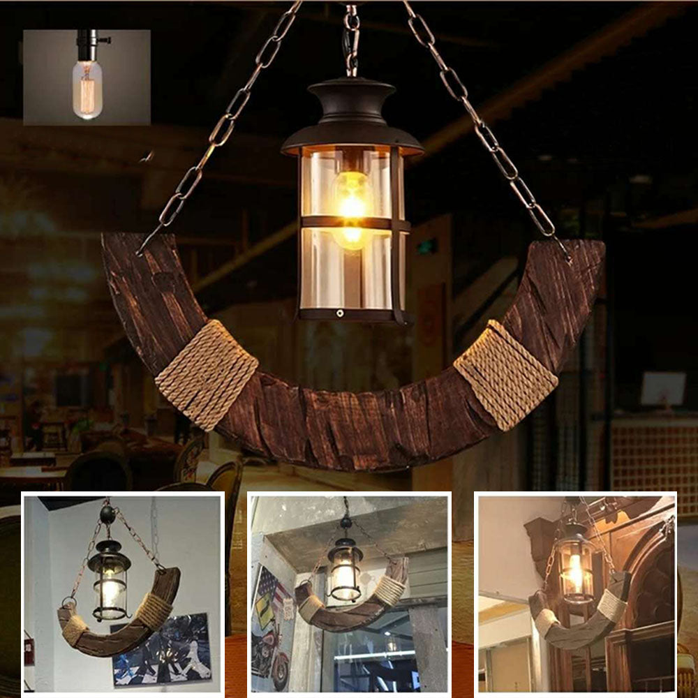 Epoch Retro Rustic Arc Metal/Wood Lantern Glass Pendant Light
