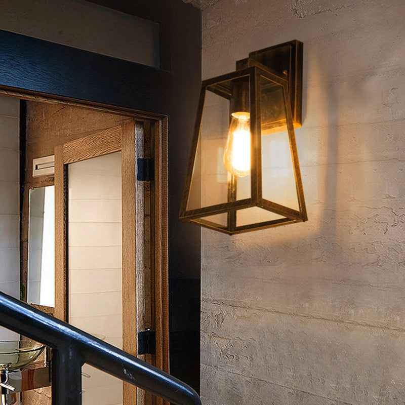 Austin Retro Black Industrial Lantern Wall Lamp, Metal & Glass