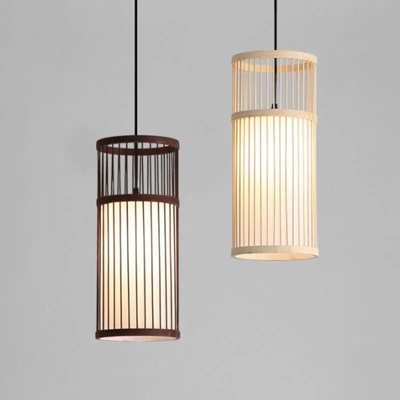 Ritta Weave Cylinder Pendant Light, Coffee/Wood, Metal/Bamboo