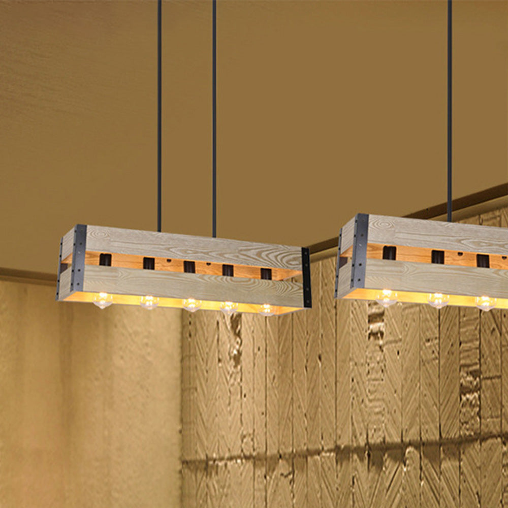 Silva Retro Rectangular Metal & Wood Pendant Light, 5 Heads, 2 Style