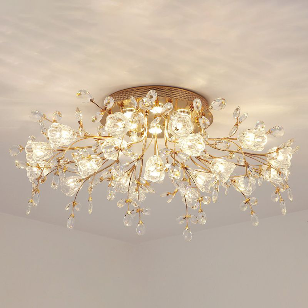 Arisha Art Deco Elegant Golden Crystal Flower Flush Mount Ceiling Light