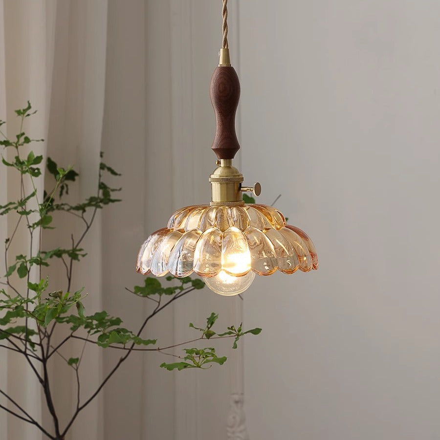 Valentina Modern LED Pendant Light Wooden Handle Metal Glass Bedroom