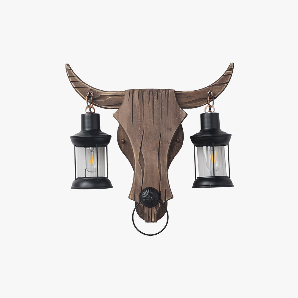 Austin Wall Lamp Bull Shape Vintage, 2 Heads Wood/Metal, Bedroom