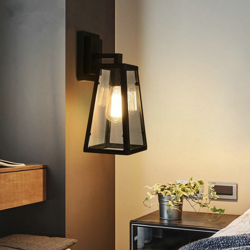 Austin Retro Black Industrial Lantern Wall Lamp, Metal & Glass