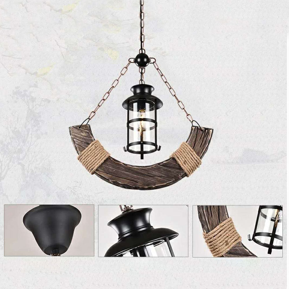 Epoch Retro Rustic Arc Metal/Wood Lantern Glass Pendant Light