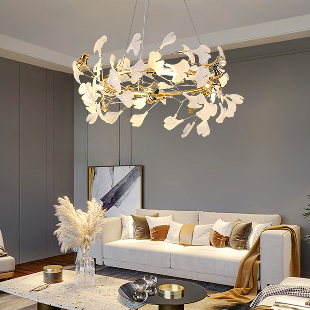 Olivia Ginkgo Leaf Modern Petal Shaped Metal Chandelier, Gold