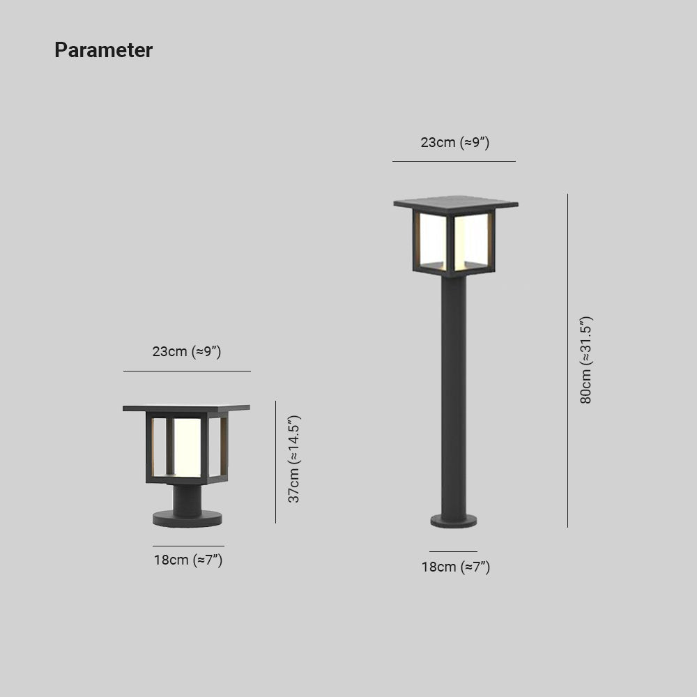 Ray Modern Metal Lantern Shaped Solar Outdoor Bollard Light, Black