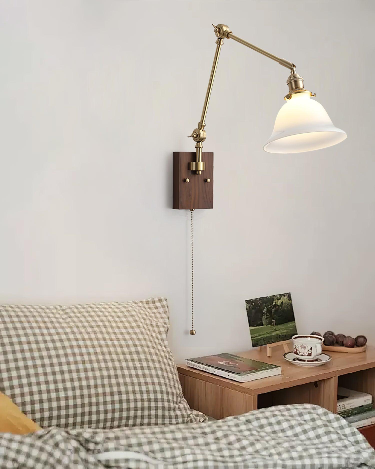 Wall Lamp Brass and Glass Shade Walnut Wood Base Adjustable Arm Vintage - Neutralighting