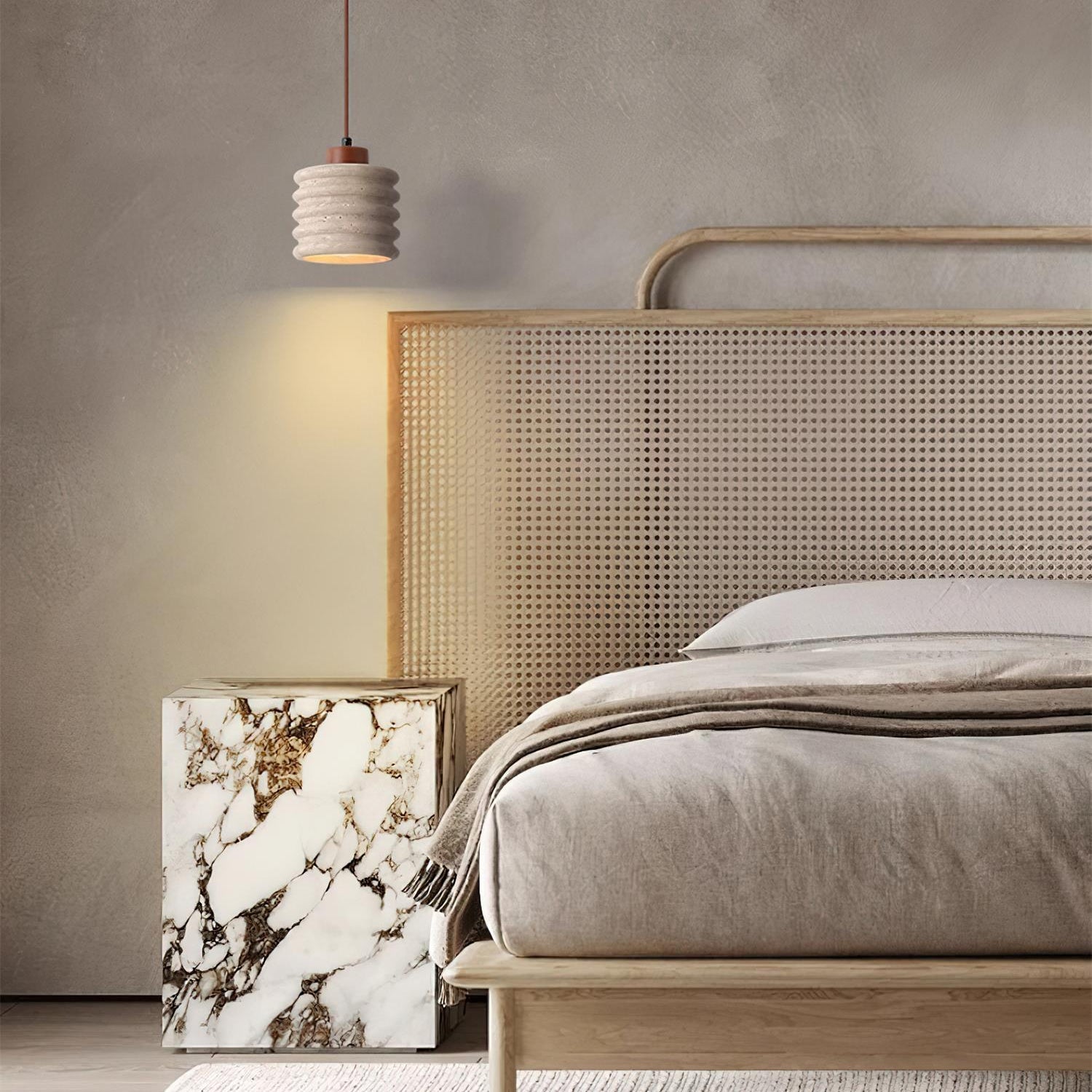 Pendant Lamp Travertine Ripple Shade Walnut Wood Organic Wabi-Sabi - Letslighting