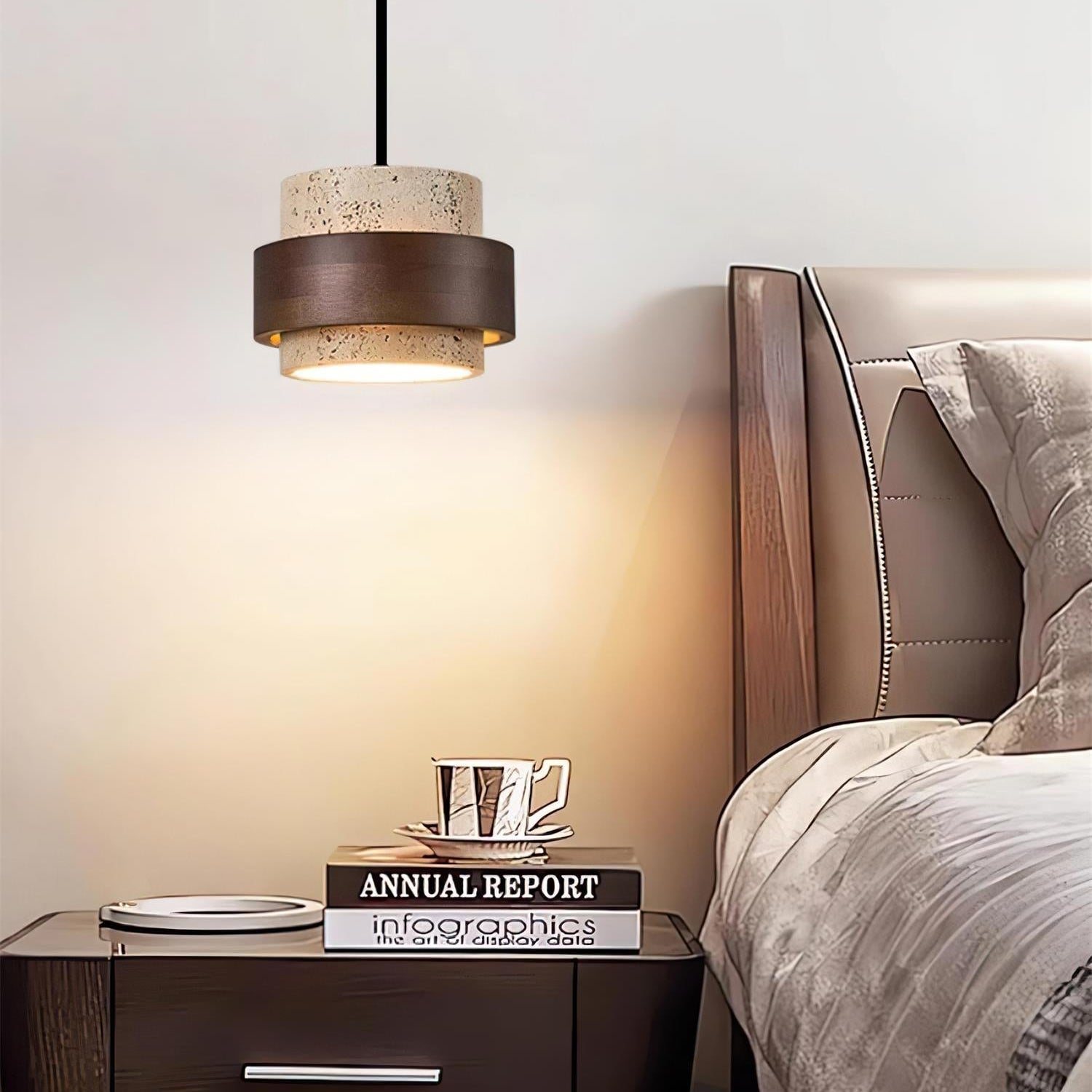 Avone Travertine and Walnut Plug-In Pendant Light - Letslighting