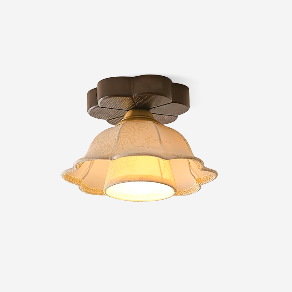 Ceiling Light Scalloped Fabric Shade Walnut Wood Canopy Vintage - Letslighting