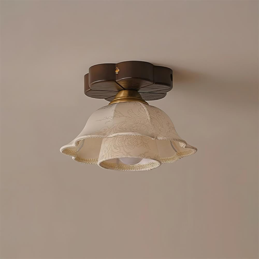 Ceiling Light Scalloped Fabric Shade Walnut Wood Canopy Vintage - Letslighting